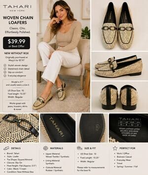🆕Tahari Women’s Loafers Size 10 Black Cream Woven Chain Bit Slip On Flats NWT